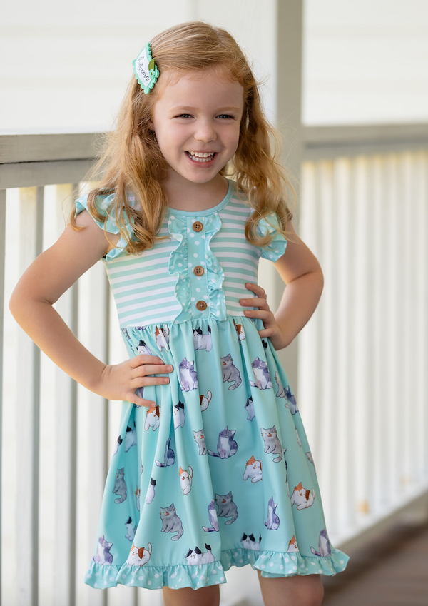 Mint Kitty Dreams Button-Front A-Line Dress & Stripe Shorts