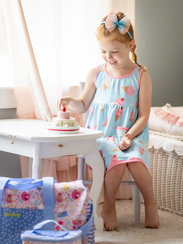 Ice Blue Ice Cream Cones Sleeveless Pocket A-Line Dress & Stripe Shorts