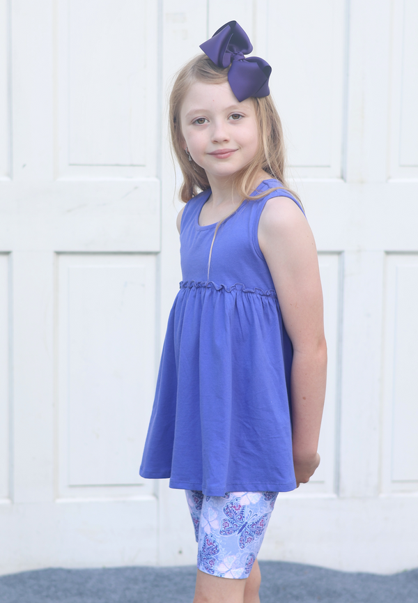 Blue Iris Sleeveless Ruffle Baby-Doll Top & Butterfly Jewel Bike Shorts