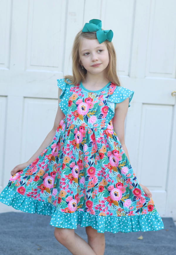 Turquoise Green Floral Angel-Sleeve Dress & Dot Shorts