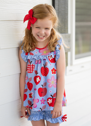 Periwinkle Apple Cart Ruffle Sleeveless Top & Polka Dot Bow Shorts