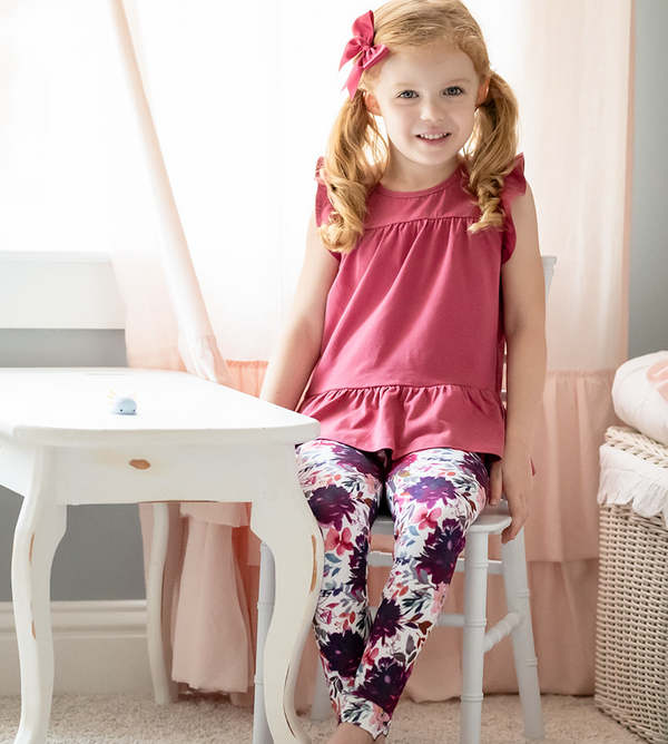 Slate Rose Ruffle-Sleeve Tiered Top & Floral Glory Leggings