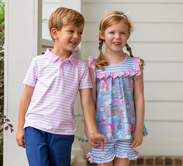 Periwinkle School Supplies Ruffle Sleeveless Top & Stripe Bow Shorts
