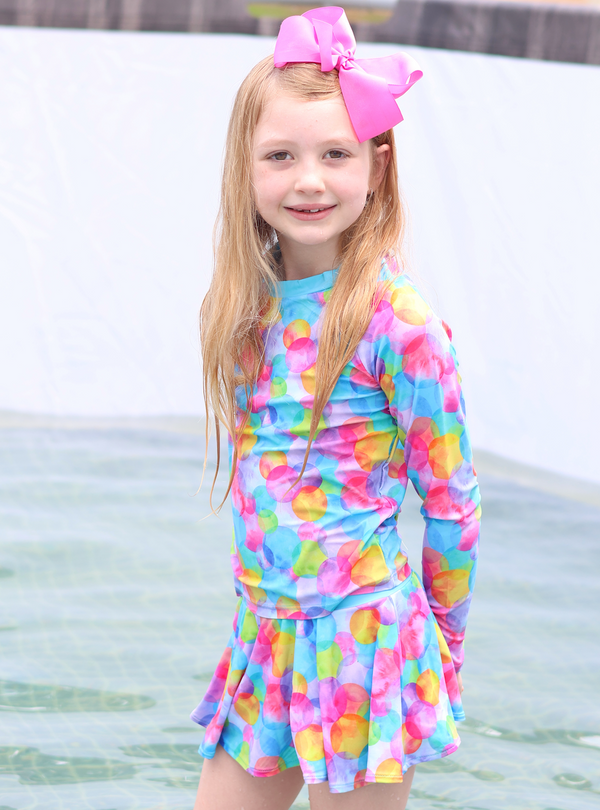 Aqua Bubbles Long-Sleeve Skirted Rashguard Set