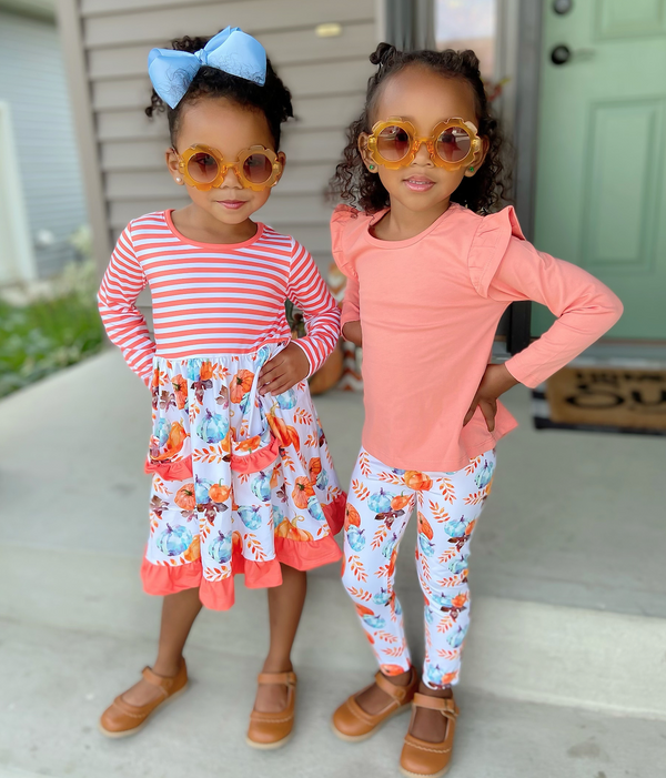 Coral Ruffle-Trim Sweatshirt & Pumpkin Patchwork Leggings