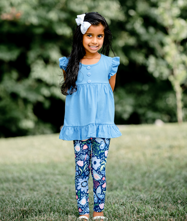 Marina Blue Angel-Sleeve Babydoll Top & Butterfly Garden Leggings