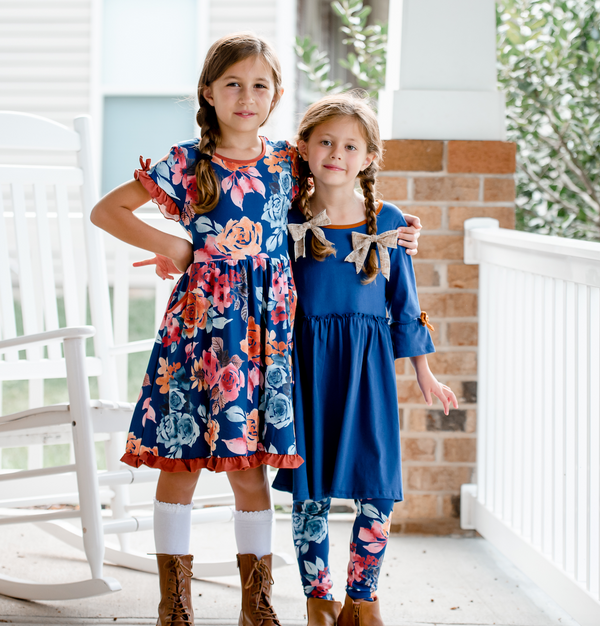 Navy Bow Bell-Sleeve A-Line Dress & Autumn Florals Leggings