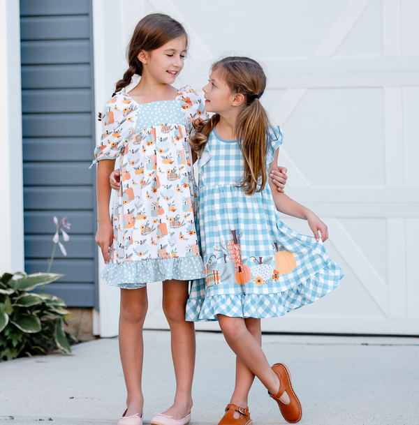 Nile Blue Gingham Angel-Sleeve Dress & Cream Pumpkin Patchwork Shorts