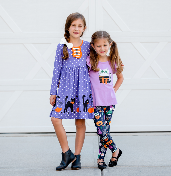 Purple Kitty Angel-Sleeve Hi-Low Top & Halloween Attic Leggings