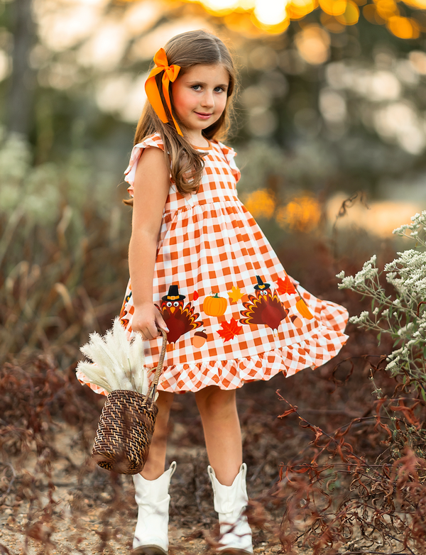 Orange Gingham Turkey Angel-Sleeve Dress