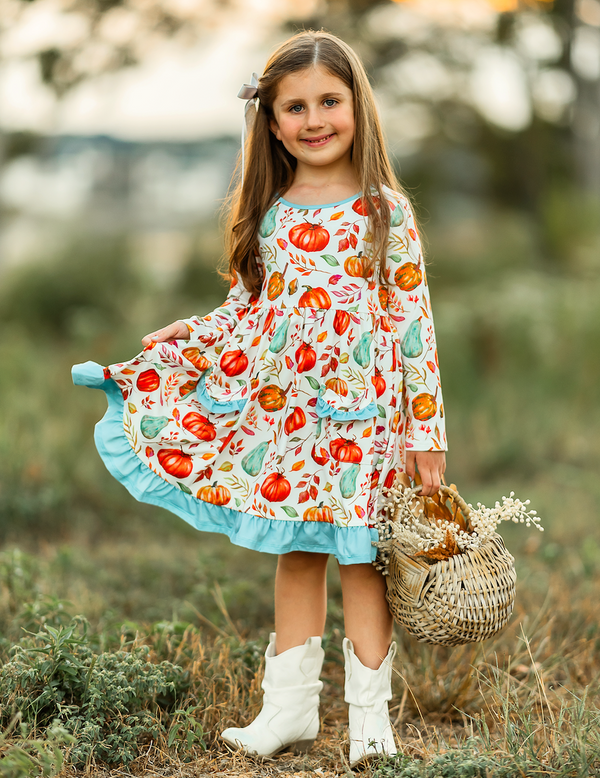 Cream Pumpkin Falls Patch-Pocket Long-Sleeve A-Line Dress