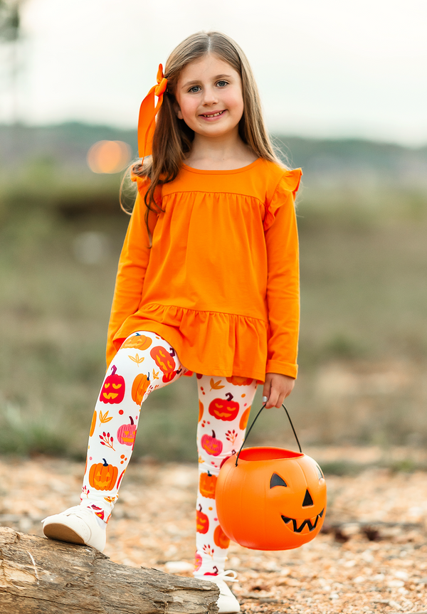 Orange Ruffle-Hem Long-Sleeve Top & Cream Pumpkins Leggings