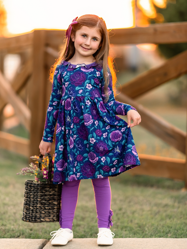 Dusk Floral Ruffle-Neck A-Line Dress & Dark Purple Button Leggings