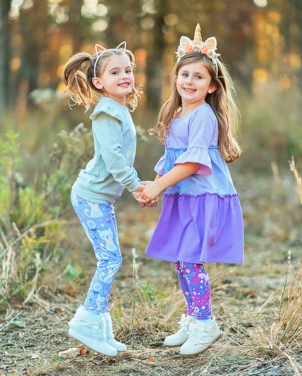 Gray Heather French Terry Sweatshirt & Purple Kitten Corner Leggings