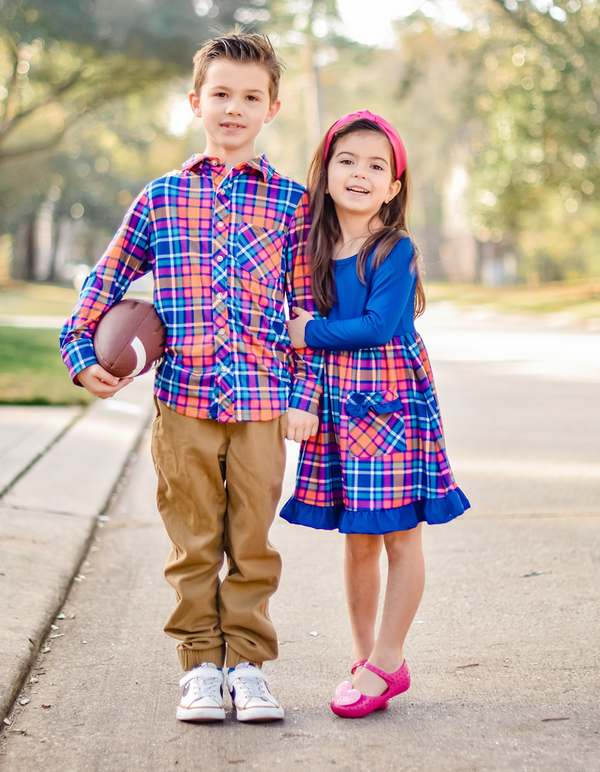 Navy Plaid Patch-Pocket Long-Sleeve A-Line Dress