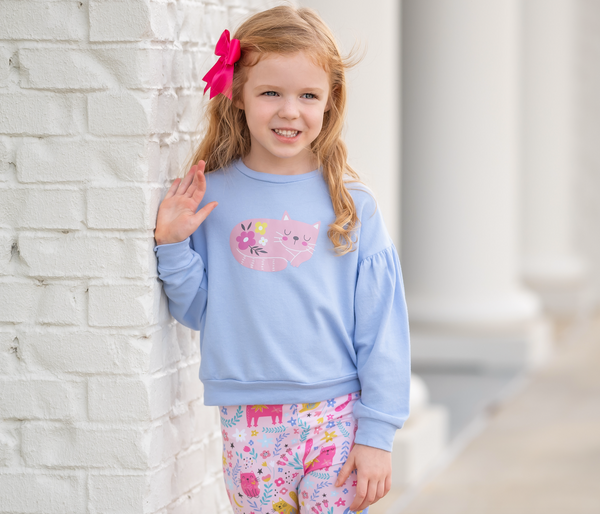 Periwinkle Crewneck Sweatshirt & Pink Kitty Love Leggings