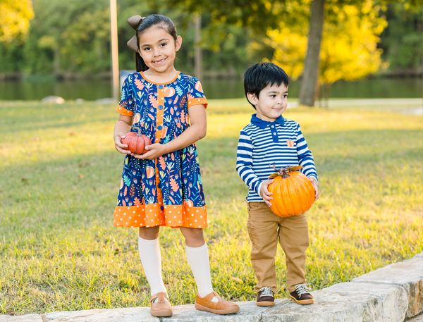 Navy Autumn Leaves Button-Up A-Line Dress