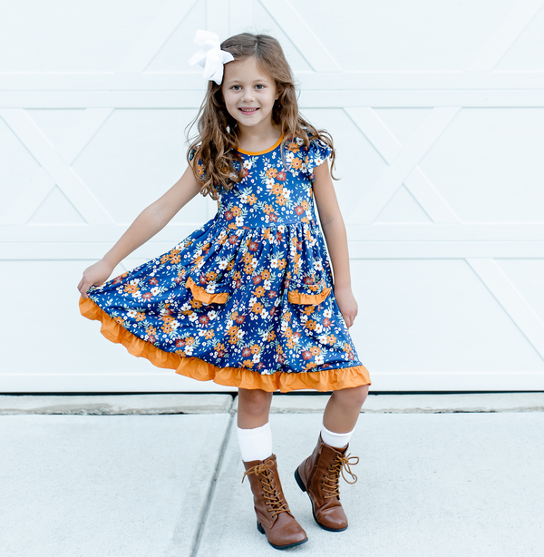 Navy Floral Meadow Patch-Pocket Angel-Sleeve Dress