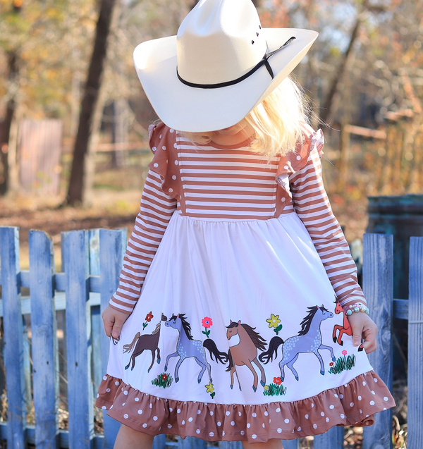 Khaki Horses Border Angel-Sleeve Dress