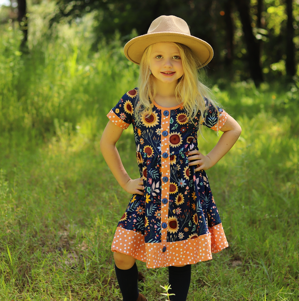 Navy Sunflowers Button-Up A-Line Dress