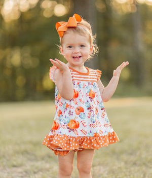 Kids White Pumpkin Patchwork Skirted Bubble Romper