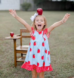 Light Blue Vintage Apple Angel-Sleeve Dress & Polka Dot Shorts