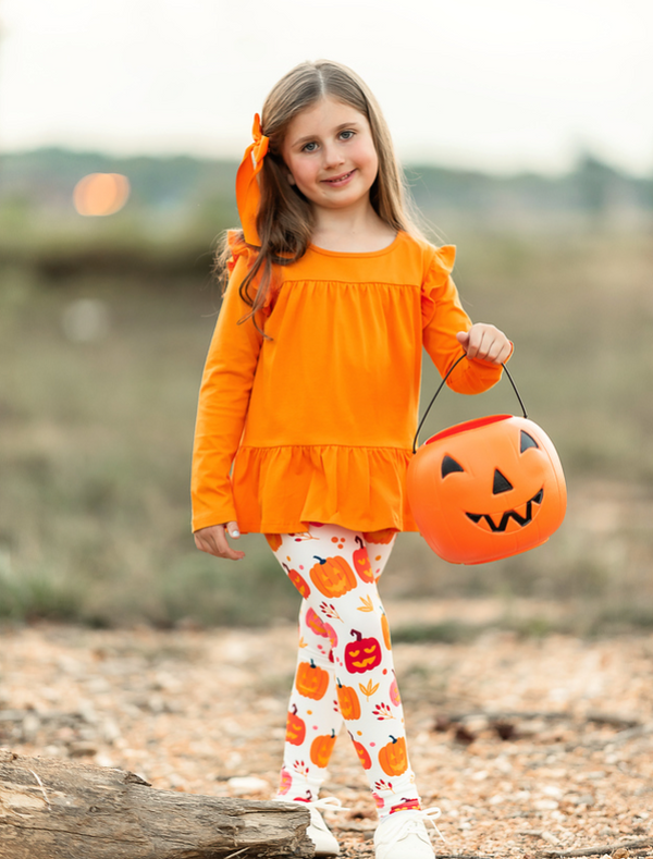 Orange Ruffle-Hem Long-Sleeve Top & Cream Pumpkins Leggings