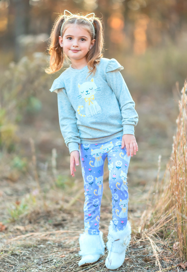 Gray Heather French Terry Sweatshirt & Purple Kitten Corner Leggings