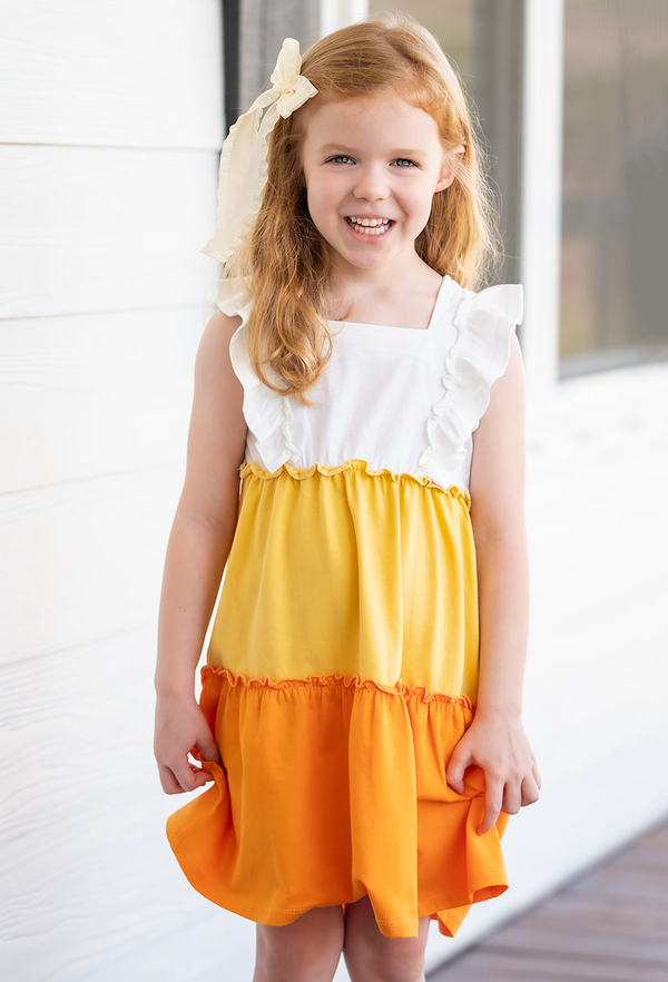 Yellow & Orange Color Block Ruffle Tiered A-Line Dress