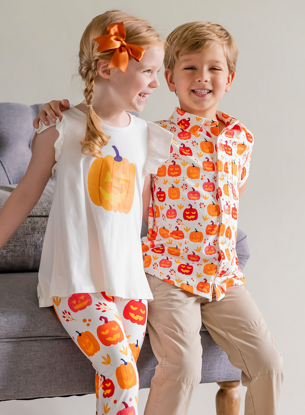 Cream Angel-Sleeve Top & Pumpkins Leggings
