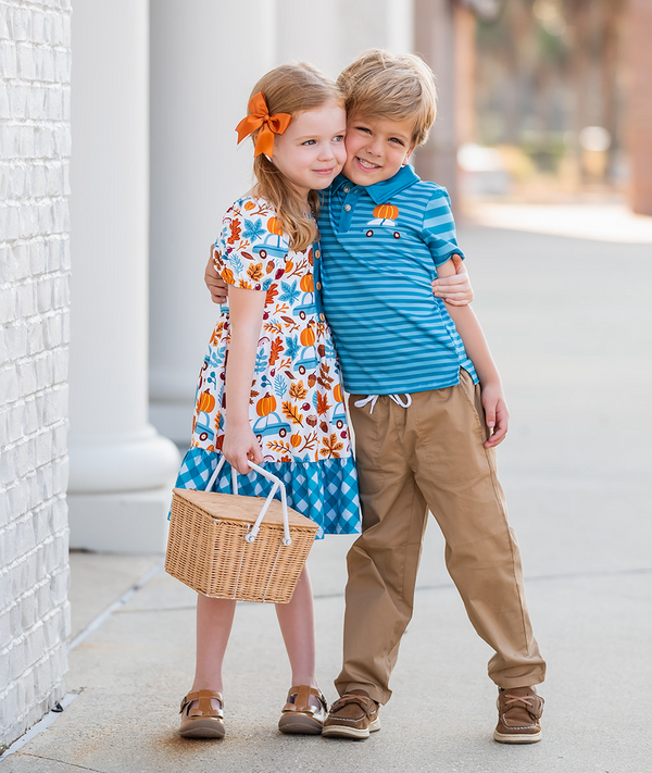 Teal Stripe Pumpkin Truck Polo