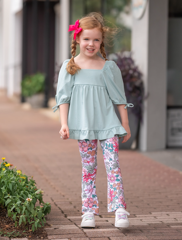 Sage Puff-Sleeve Top & Pink Saylor Floral Flare Leggings