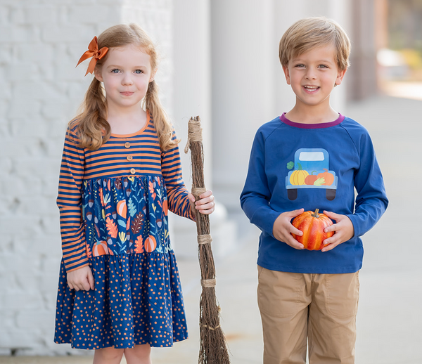 Navy Thanksgiving Leaves Tiered Button-Front Dress