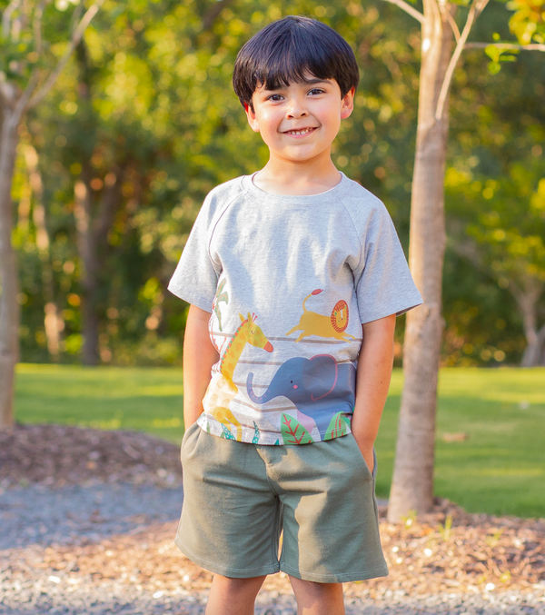 Gray Animal Zoo Tee & Olive Drawstring Shorts