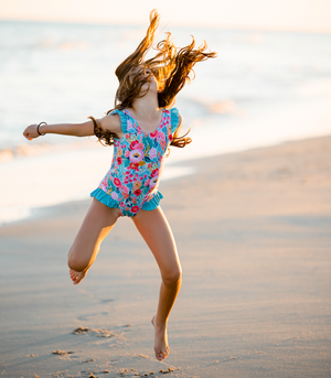 Turquoise Painted Floral Ruffle-Accent One-Piece