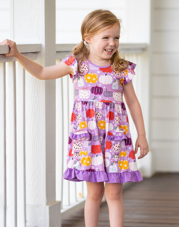 Millie Loves Lily Girls Lilac Pumpkin Print,2-Pocket Dress