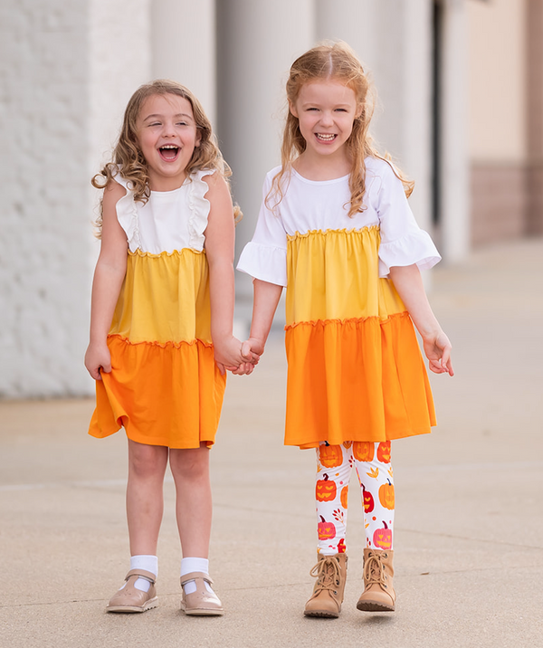 Orange Trumpet-Sleeve Tiered A-Line Dress & Pumpkins Leggings