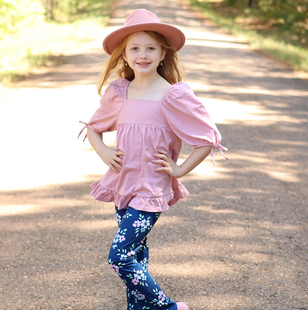 Dusty Pink Puff Sleeve Ruffle-Hem Top & Abby Floral Flare Leggings