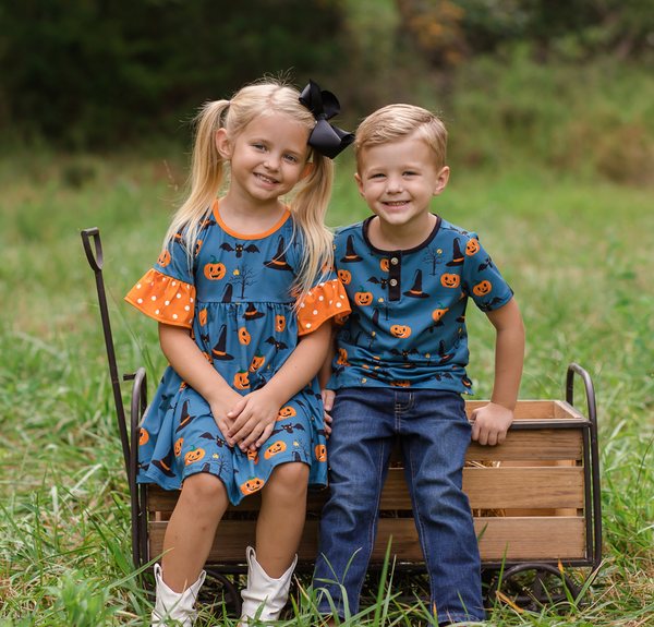 Teal & Orange Jack-O'-Lanterns & Witch Hats A-Line Dress
