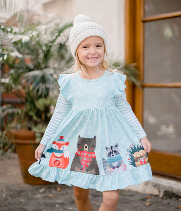 Mint & White Snowflakes & Woodland Christmas Angel-Sleeve Dress