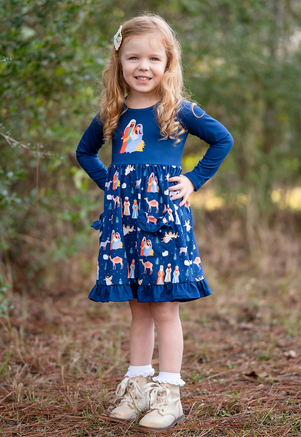 Navy Nativity Pocket Long-Sleeve A-Line Dress