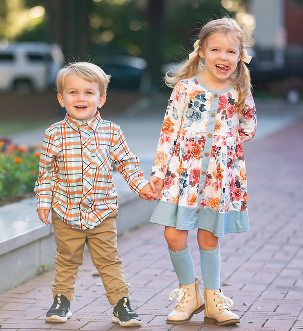 Orange Pumpkin Patch Plaid Long-Sleeve Button-Up