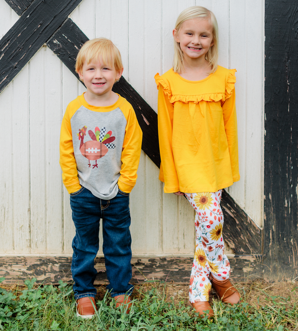 Yellow Ruffle Long-Sleeve Top & Sunflower Flare Leggings