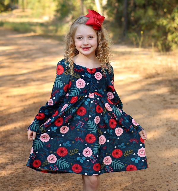 Dark Navy Noelle Floral Velour Poet-Sleeve Dress