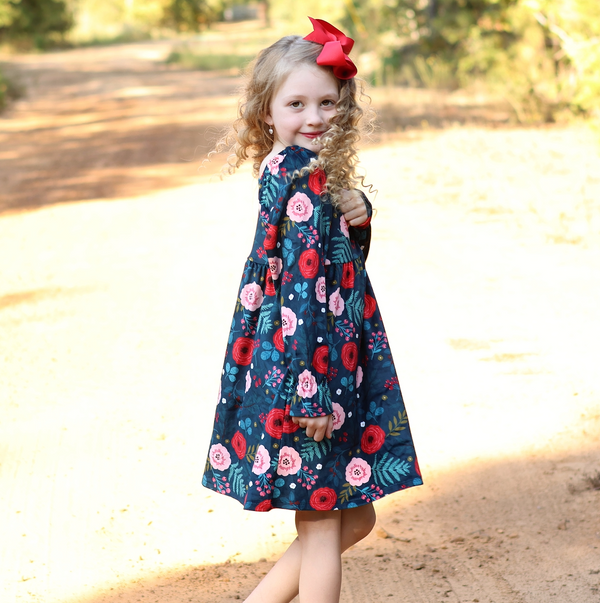 Dark Navy Noelle Floral Velour Poet-Sleeve Dress