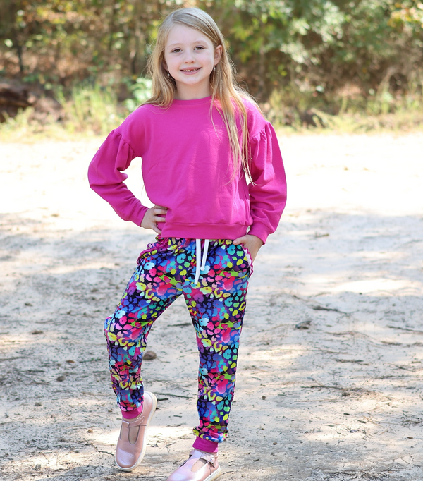 Rose Violet Crewneck Sweatshirt & Velour Neon Leopard Joggers