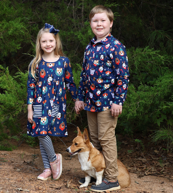 Dark Navy Doggie Christmas Front-Pocket A-Line Dress & Stripe Leggings
