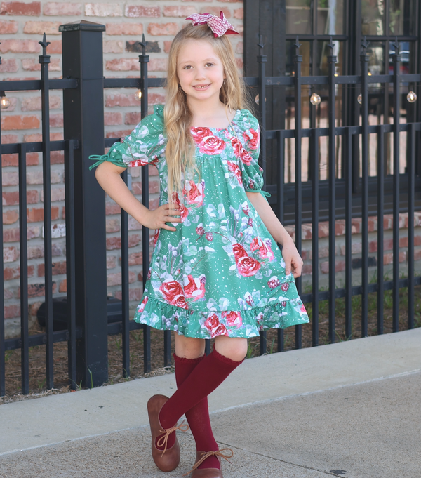 Slate Green Snowflake Floral Puff-Sleeve Babydoll Dress