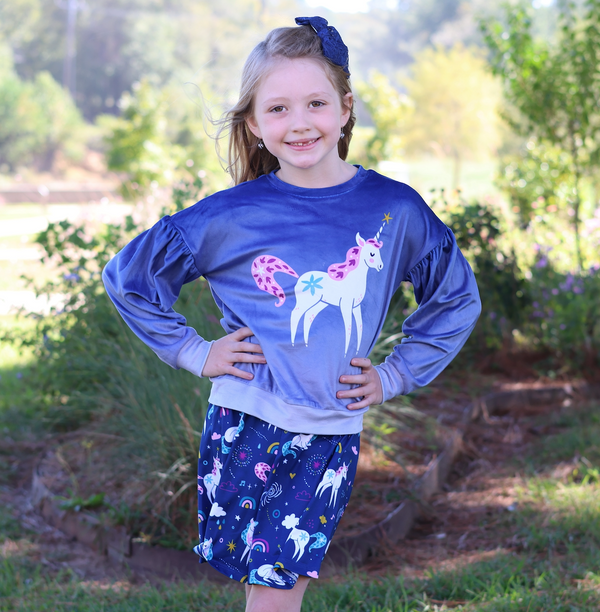 Navy Unicorn Velour Sweatshirt & Unicorn Dream Skort