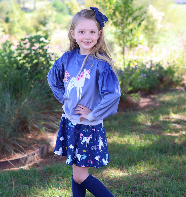 Navy Unicorn Velour Sweatshirt & Unicorn Dream Skort